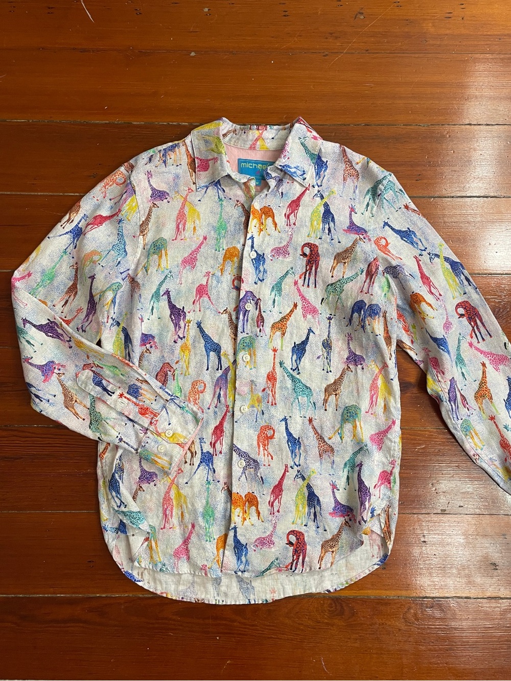 Michael's Men's 100% Linen Colorful Giraffe Italian Shirt Sz M 🧡🎀